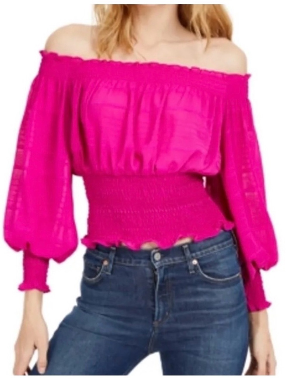 Leyden Fuchsia Off-Shoulder Smocked Peplum Top